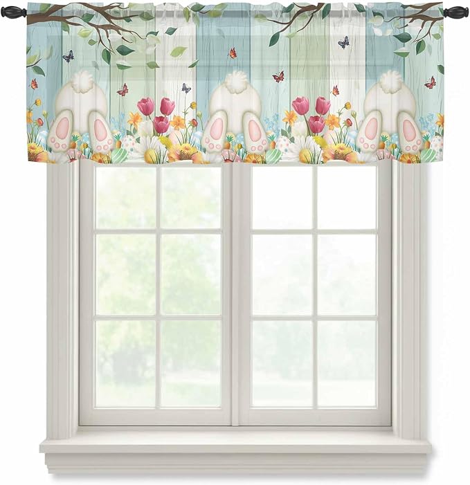 Easter Sheer Valances for Windows 42"x18", Light Filtering Kitchen Curtains