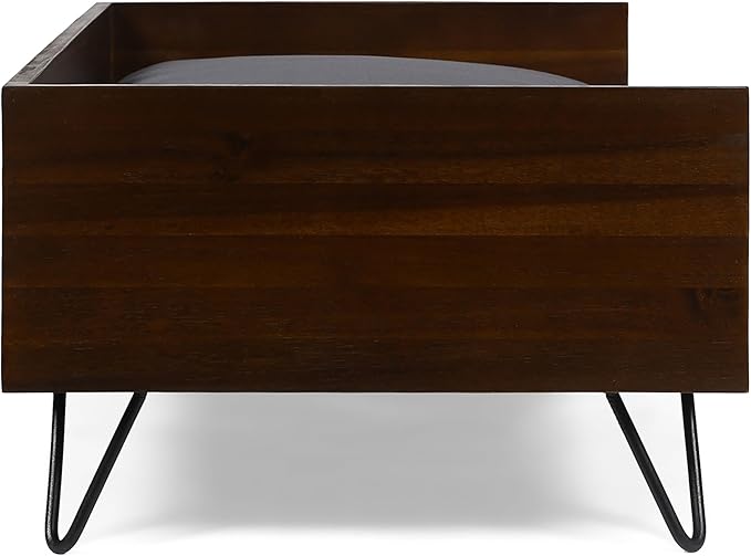 Christopher Knight Home Mid-Century Modern Pet Bed, Brown Acacia Wood Frame with Gray Cushion, Hairpin Legs, 29.5x17.75x11 Inches