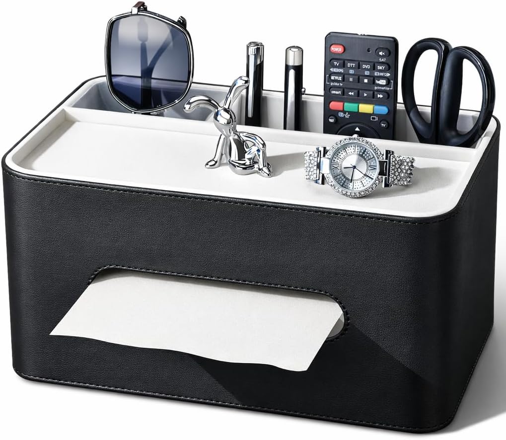 PU Leather Tissue Box Cover Rectangular with Storage Organizer Tray, Multifunctional Remote Control Holder, Desk Organizer for Living Room, Bedroom, Office, Decorative Tissue Holder Black
