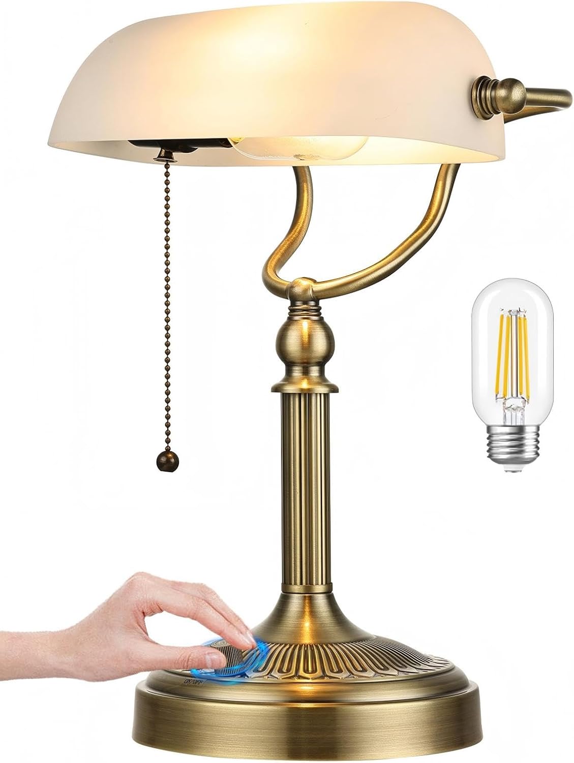 White Matted Stepless Dimmable Glass Bankers Desk Lamp