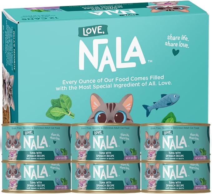 LOVE, NALA - Natural Adult Cat Wet Food - Pate Tuna with Spinach Recipe- Grain Free, Non-GMO, Lean Protein, Iron, Digestive Fiber Blend, Added Minerals & Vitamins - 12 Pack 2.4 lbs.