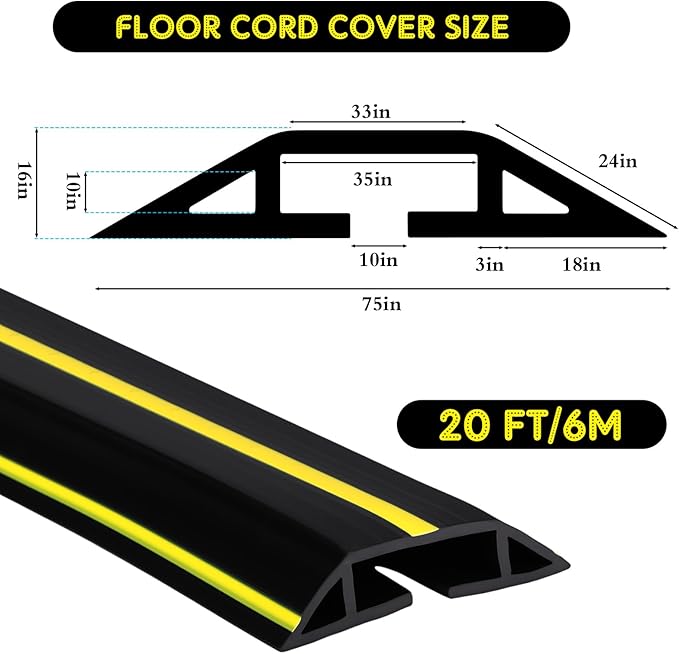 Pangda 20 FT Floor Cable Cover Heavy Duty Cord Cover Protector Power Cable Protector Soft Extension, Organize and Protect Wire on Floor for Home Office or Outdoor Settings (Black, Yellow)