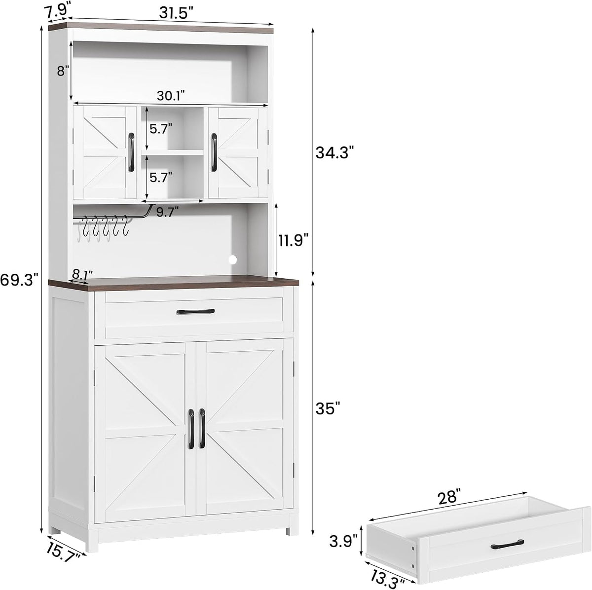 Saudism 70" Tall Farmhouse Kitchen Pantry Cabinet, Wooden Storage Cupboard with Barn Doors, Drawers & Cup Holder, Microwave Stand for Dining Room, White