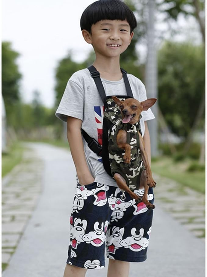 Pet Dog Puppy Cat Carrier Five Holes Backpack Double Shoulder Straps Canvas Cotton Front Chest Backpack Bag(Camouflage, Medium)