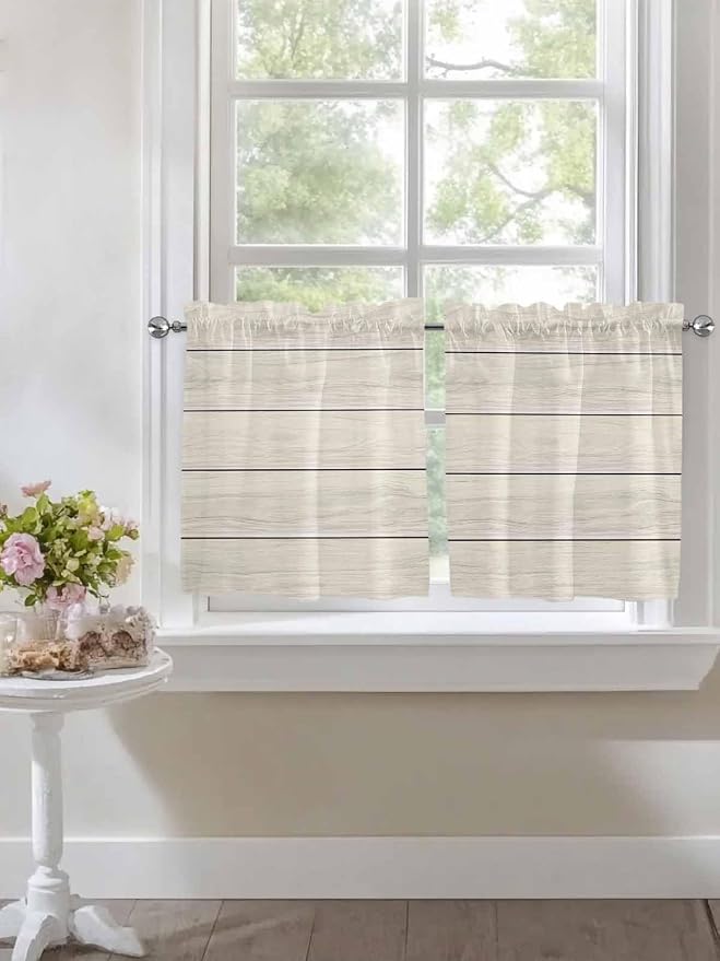 Vintage Country Wooden Board Window Valance Curtains, Gradient Wood Grain Line