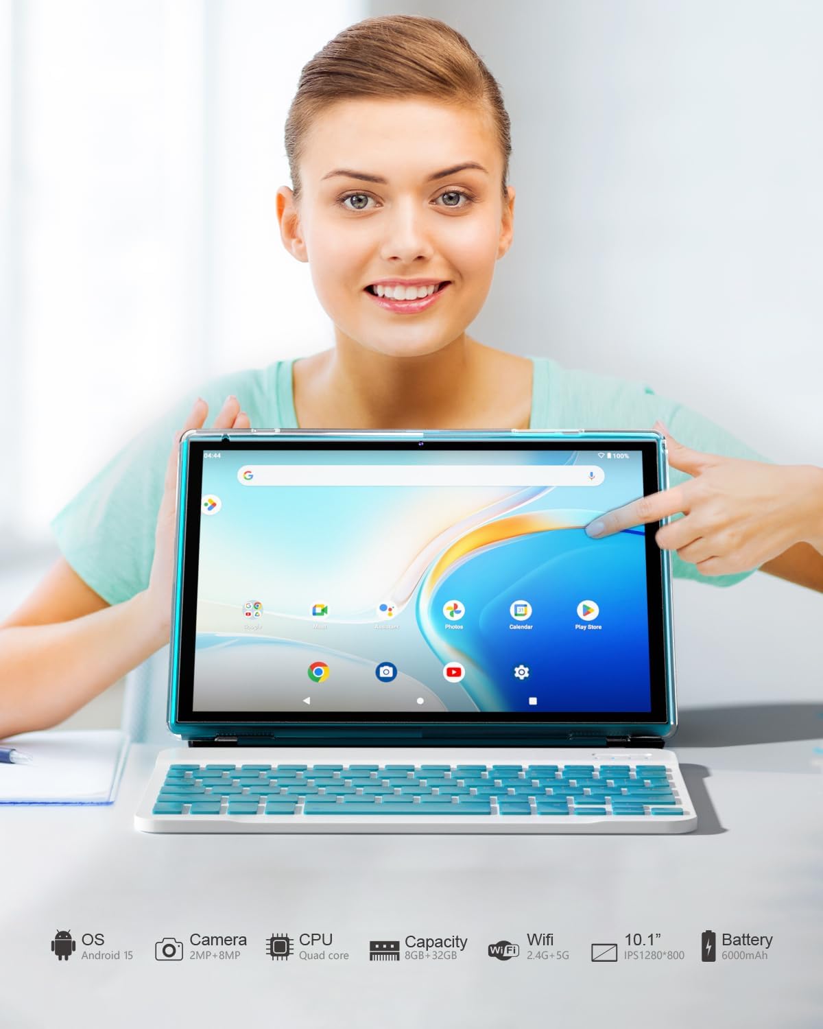 Android Tablet 2 in 1 with Keyboard Case Mouse Stylus, 10 inch Tablet Android 15 Tablets PC, 8GB RAM+32GB ROM Support 1TB Expandable, 6000mAh Battery 10.1" Tableta 2MP+8MP Dual Camera WiFi-6 Tablets