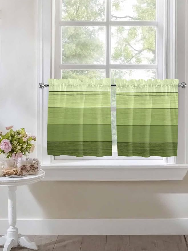 Gradient Green Wooden Board Window Valance Curtains, Retro Country Wood Grain