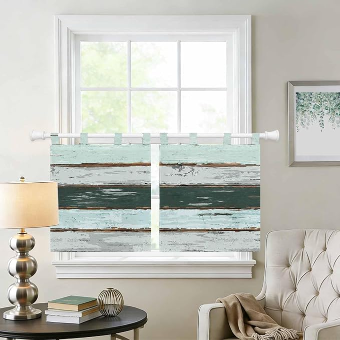 Blue Teal Kitchen Curtains 24 Inch Length, Small Window Curtains Tab Top
