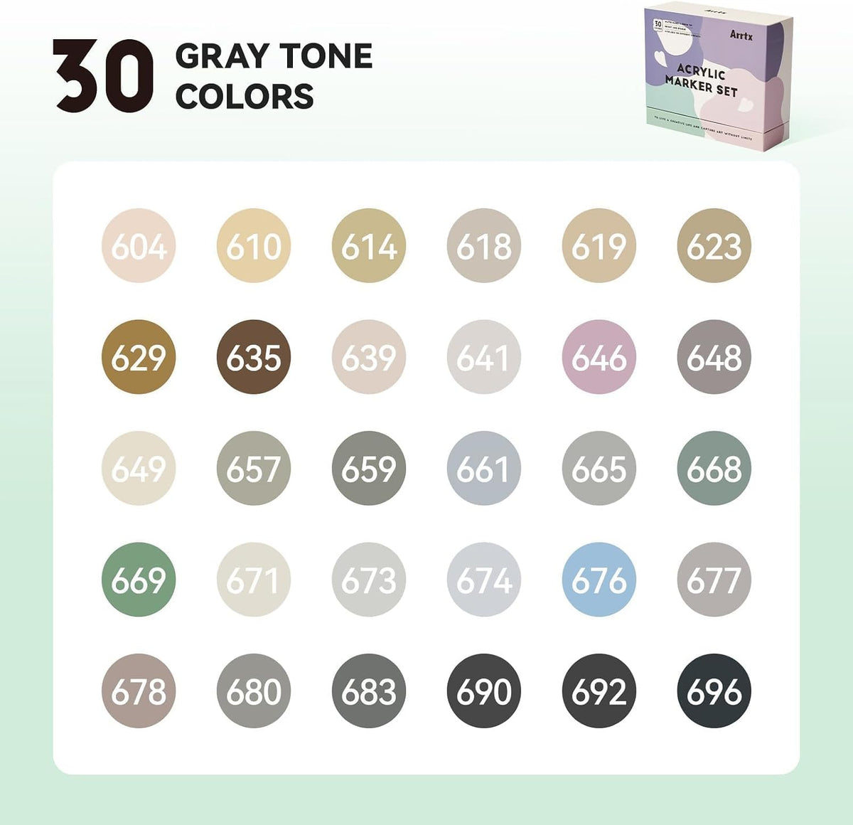 Arrtx 30 Gray Tone Acrylic Paint Markers, Brush Tip Pens | Fast-Drying, Non-Toxic Paint Pens for Rock Painting, Glass Marking, Wood, Fabric & DIY Crafts