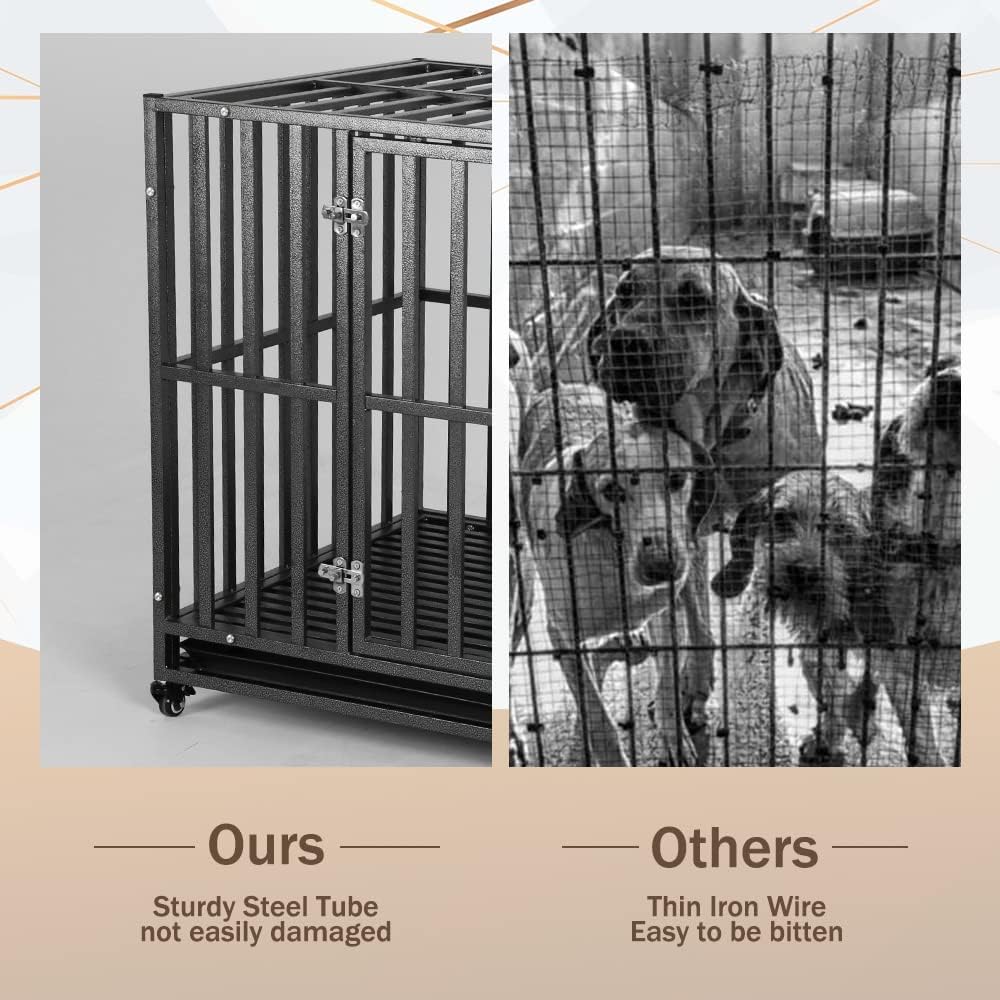 LUCKUP Heavy Duty Dog Crate-42 inch Large Metal Dog Cage with 2 Doors and 4 Wheels, Stackable Dog Kennel for Large & Medium Dogs, Removable Tray