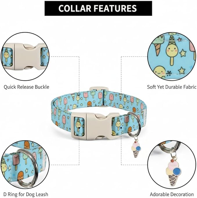 Dog Collars for Extra Small & Small Dogs, XS Dog Collar with Cute Ice Cream Print, Spring Summer Adjustable Puppy Collar with Adorable Charm and Quick Release Buckle, XS