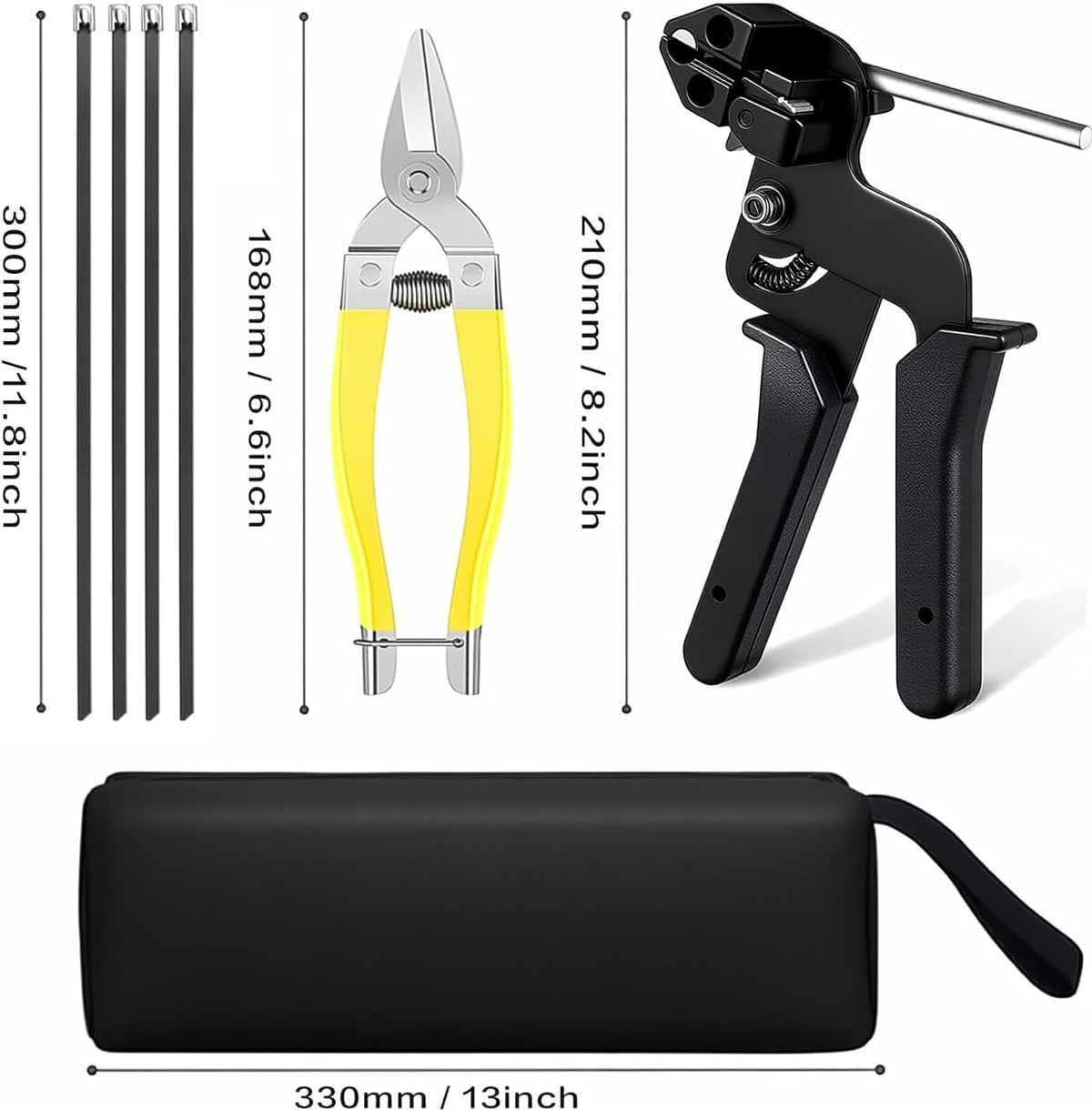 Stainless Steel Cable Tie Gun & 100pcs 12in Black Metal Zip Ties