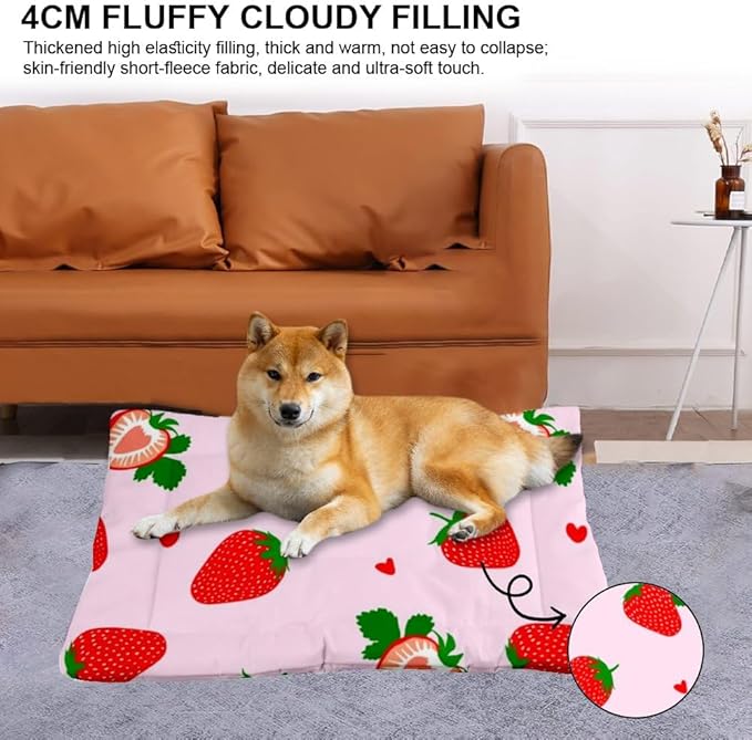 Cute Strawberry Fruit Pink Cute Dog Bed Furniture Dog Crate Mat Puppy Crate Pad Small Bed Washable Non-Slip Doggie Mattress Doggy Beds for Medium Dogs Indoor Outdoor 36X24 Inch
