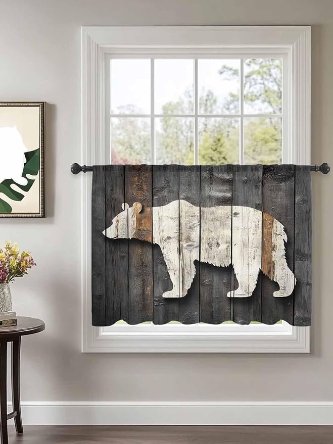 Sheer Curtains 45 Inch Length, Vintage White Brown Bear Semi Sheer Curtains