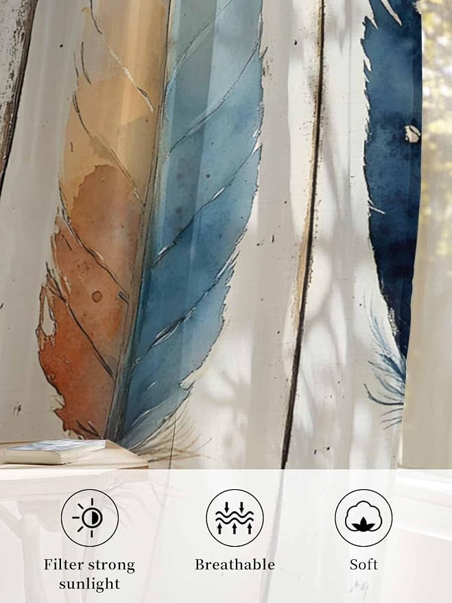 Sheer Curtains 63 Inch Length, Boho Ombre Vintage Wooden Grain Privacy Voile
