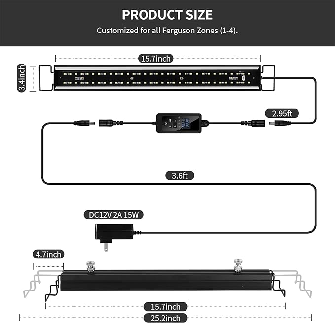LED UVB Light for Reptiles, 16 inch UVA UVB Reptile Light Fixture with 4 Auto Ferguson Zone Modes & Dimming, 15W Aluminum Smart Habitat Lamp for Bearded Dragons, Turtles, Snakes, Leopard Geckos