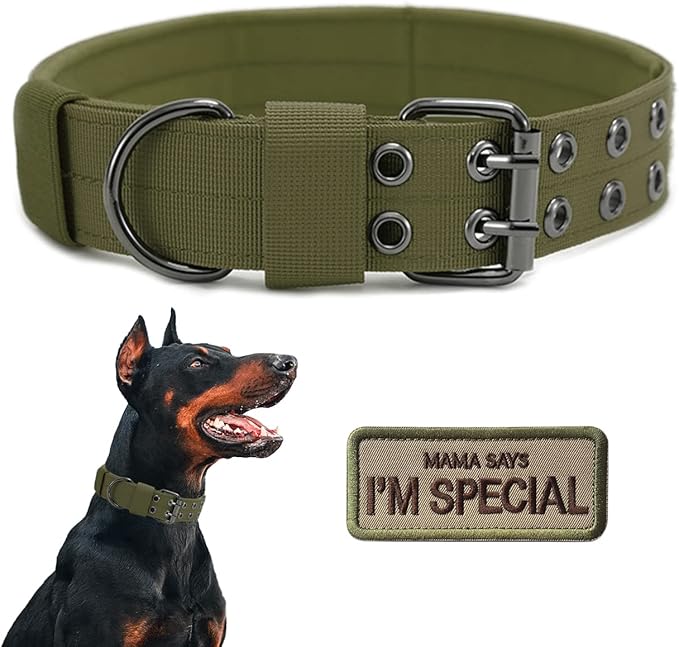Tactical Dog Collar Military Adjustable Dog Collars Soft Nylon Training Collar with Patch Heavy Duty Metal Buckle Collars for Medium Large Dogs (Green, M)