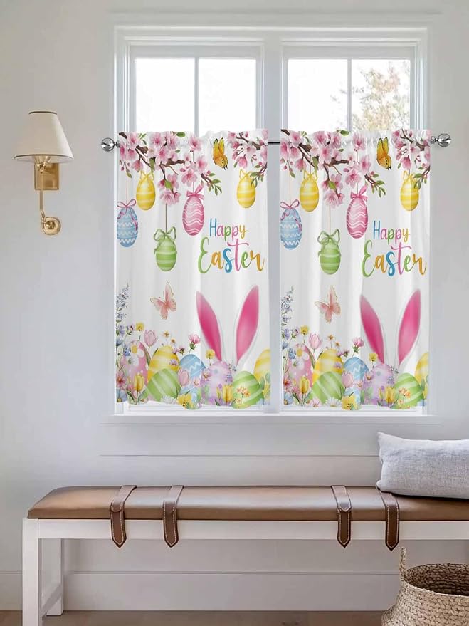 Happy Easter Kitchen Curtains 45 Inches length, Spring Watercolor Bunny Eggs