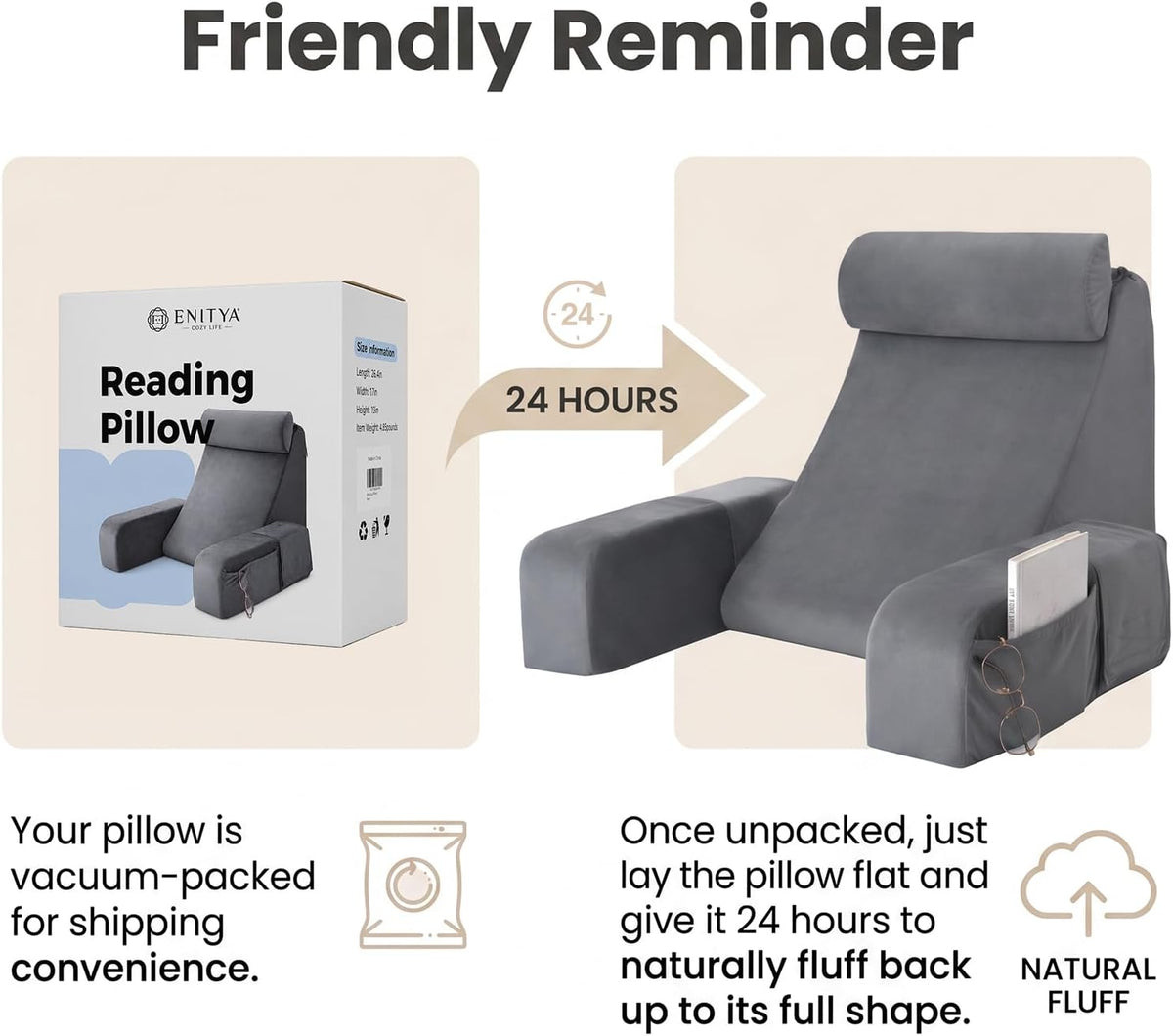 ENITYA 19" Reading Pillow for Bed with Firm Back Support & Big Pockets