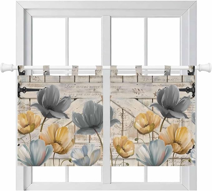 Spring Tulips Flower Kitchen Curtains 24 Inch Length, Small Window Curtains Tab