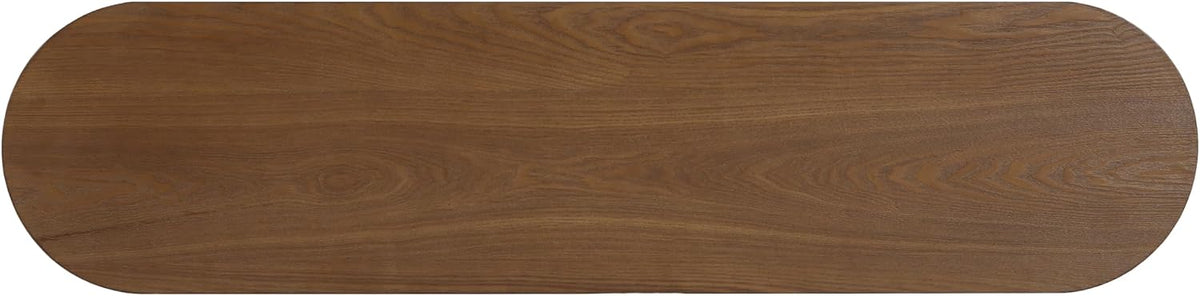 Modern Curved Console Table for Entryway, Farmhouse Solid Wood Fluted Sofa Table with Open Shelf & Elegant Wood Grain, Oval Long Foyer Table for Entry Way Hallway Living Room-58.9" Brown