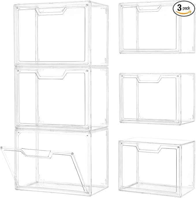 3 Pack Clear Storage Bins with Lids, Storage Containers with Magnetic Door