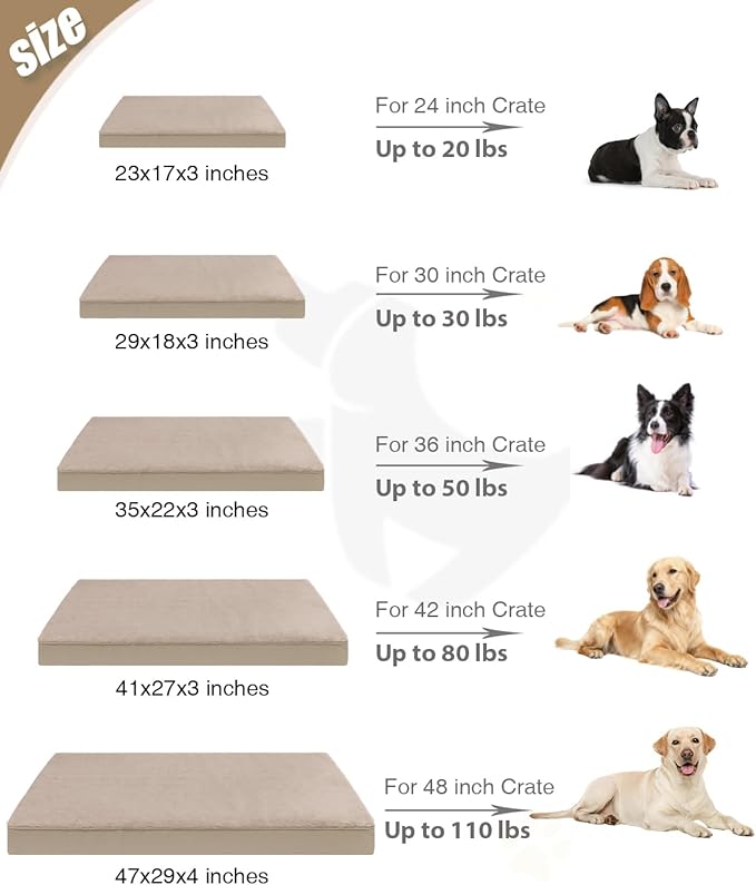 KSIIA Orthopedic Dog Bed Crate Waterproof Pet Mats for Large Dogs Deluxe Plush Washable Pet Bed with Egg Crate Foam & Removable Cover, 41 x 27 Inch, Khaki
