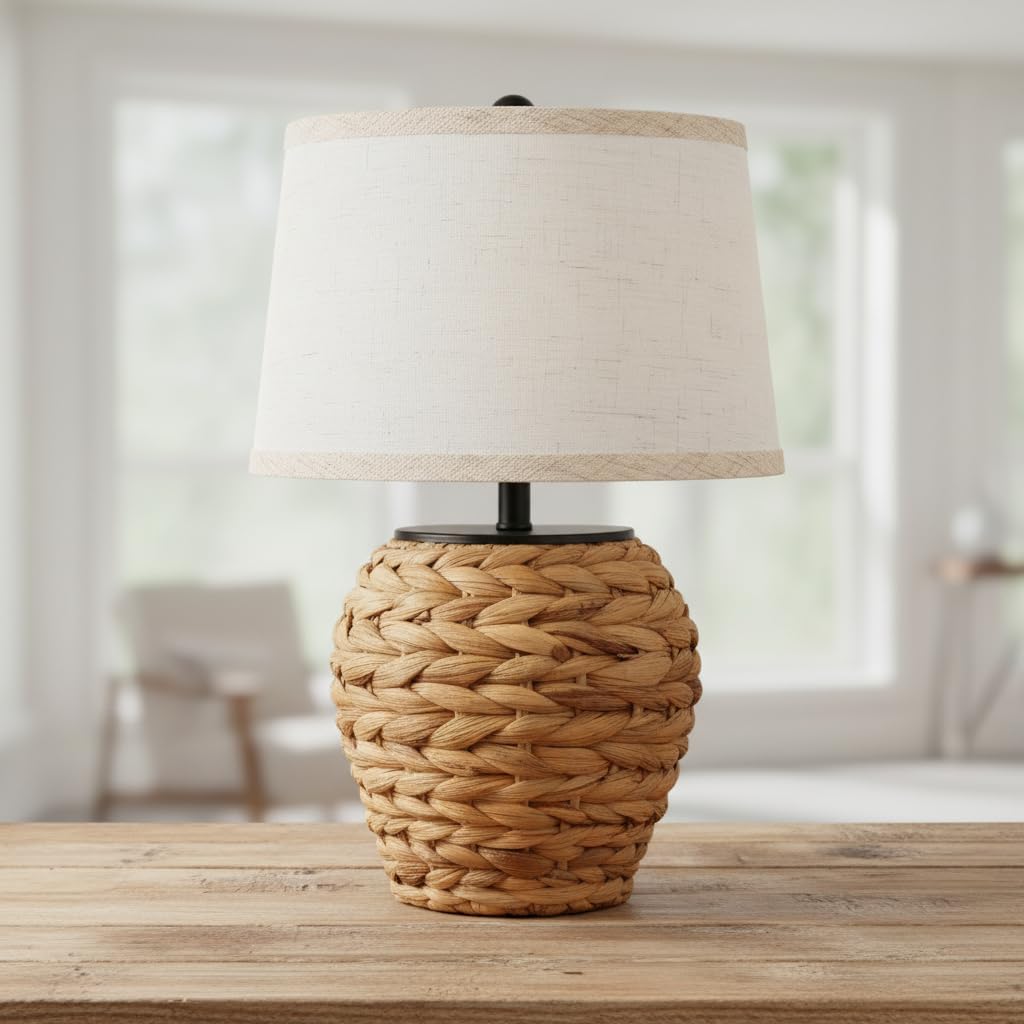 SOTTAE 15.3" Woven Natural Rattan Table Lamp with Linen Shade, Boho Bedside Lamp for Bedroom, Hand-Woven Rustic Farmhouse Desk Lamp for Living Room, Coastal Accent Lighting for Home Office
