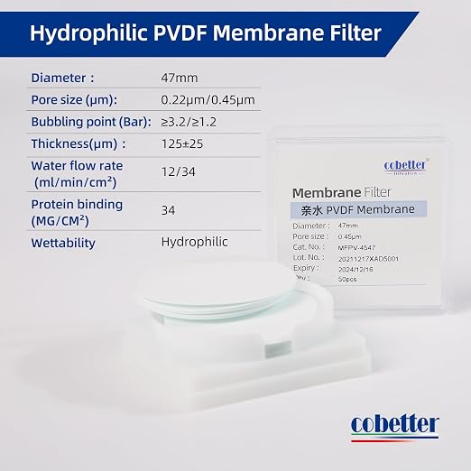 100 Pieces/Pack PVDF Disc Membrane Filters Hydrophilic 47mm Diameter 0.45µm