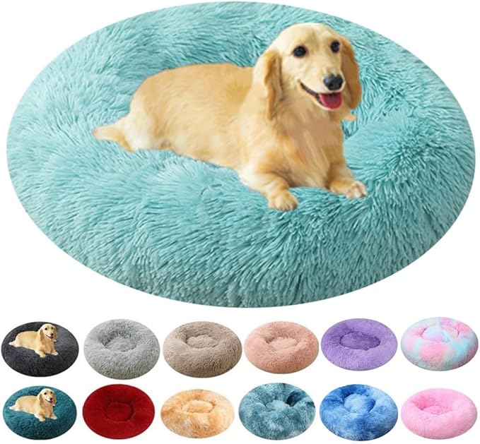Large Calming Dog Bed, 47 Inch Anti-Anxiety Donut Dog Cuddler Cat Bed, Warming Cozy Soft Dogs Round Bed, Fluffy Faux Fur Machine Washable Pet Cushion for Medium Large Dogs & Cats (Light Green)