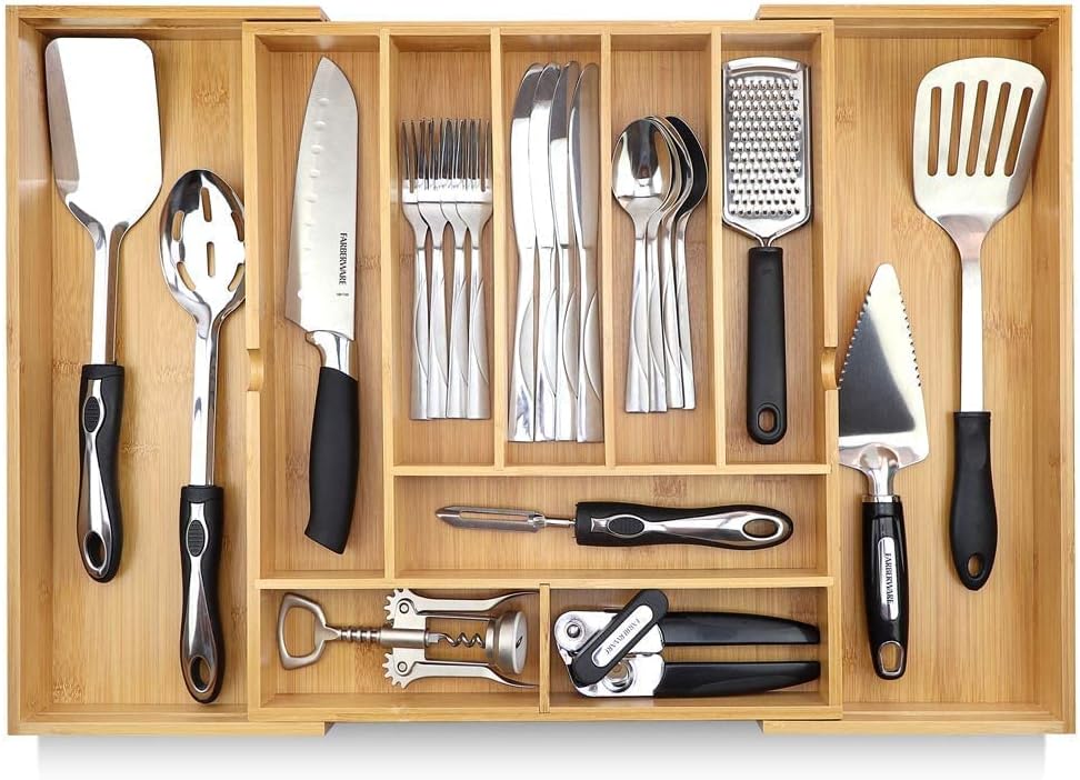 Pristine Bamboo Silverware Organizer - Expandable Kitchen Drawer Organizer - Adjustable Kitchen Drawer Organizer for Utensils, Expandable to 22 Inches Wide, 10 Compartments, Silverware Tray for Drawer