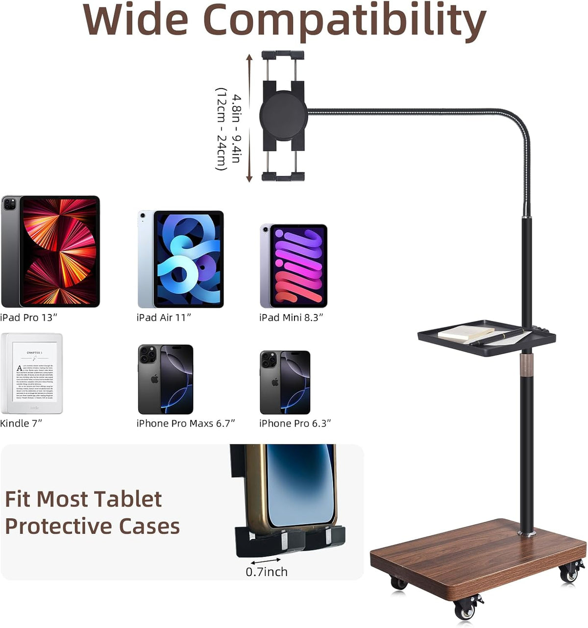 Rolling Tablet Holder Stand Adjustable Height & 360° Rotatable