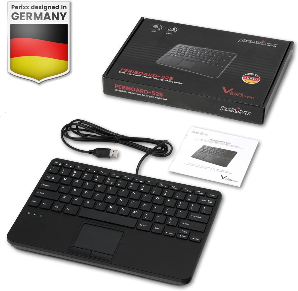 Perixx PERIBOARD-525 US, Wired Mini USB Keyboard with Touchpad - X Type Scissor Keys - 11.18x7.17x1.1 Inches - Build-in 2 USB Hubs - US English