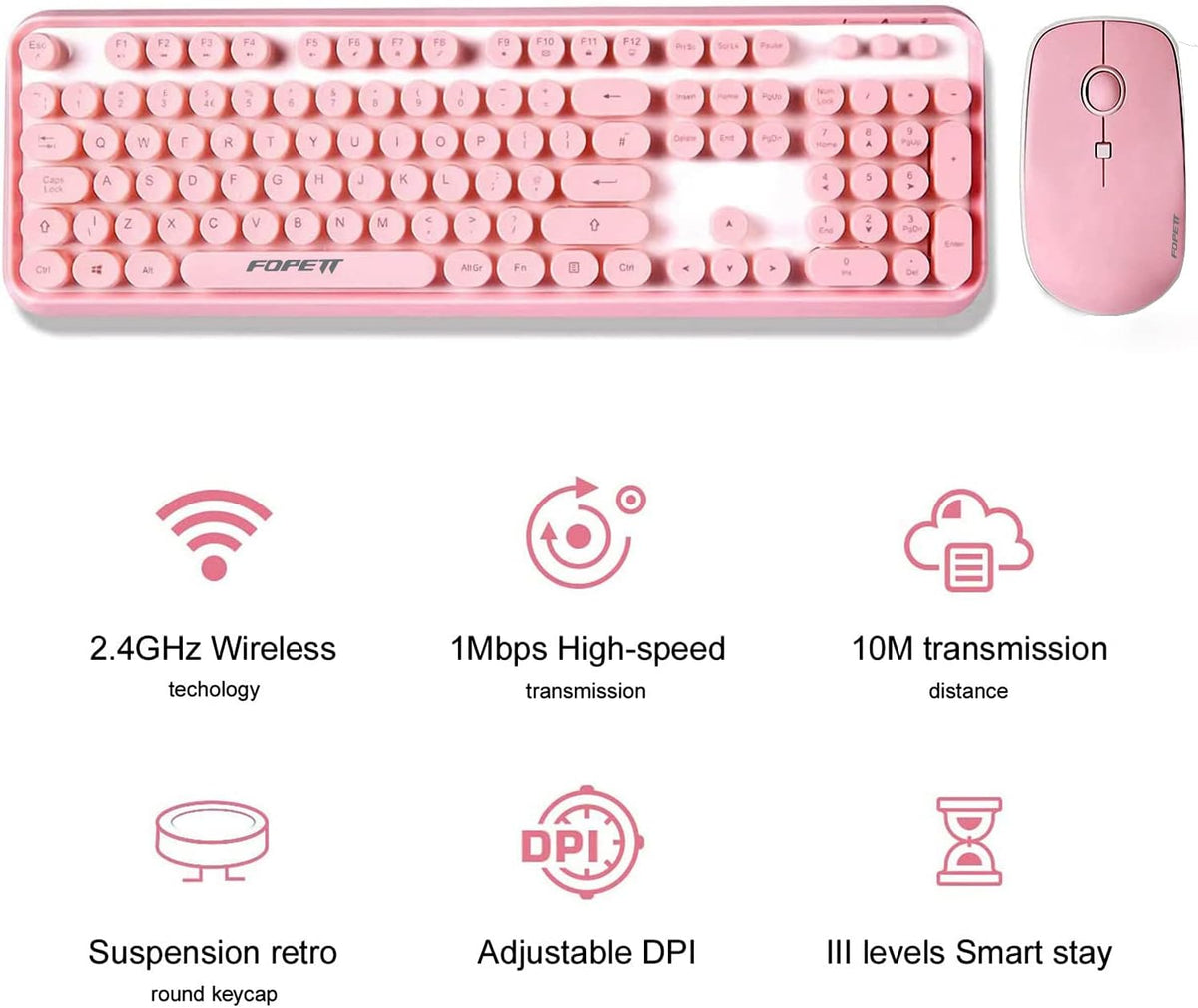 FOPETT Keyboard and Mouse Sets Wireless, Reliable 2.4 GHz Connectivity for PC,Laptop,Smart TV and More (Pink)