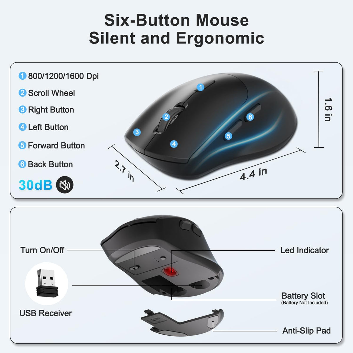 Wireless Keyboard and Mouse Combo, Full Size Ergonomic Wave Keys(Blue)