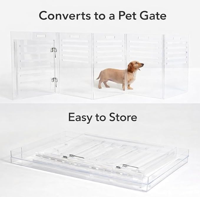Clear Acrylic Medium Dog Crate Furniture with Charcoal Cushion for Medium Dogs up to 40 lbs, 3 in 1 Pet Crate and Gate, Modern Furniture Style Indoor Kennel, Dual Silver Latch, 20 x 30 x 22 in