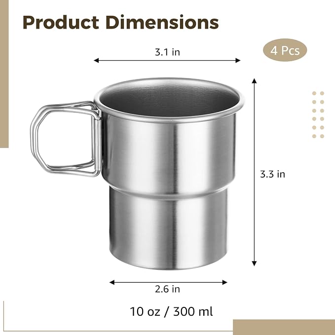Joyibay 4 Pcs Stainless Steel Camping Cups, 10 oz Stackable Mugs w/Handle | 304