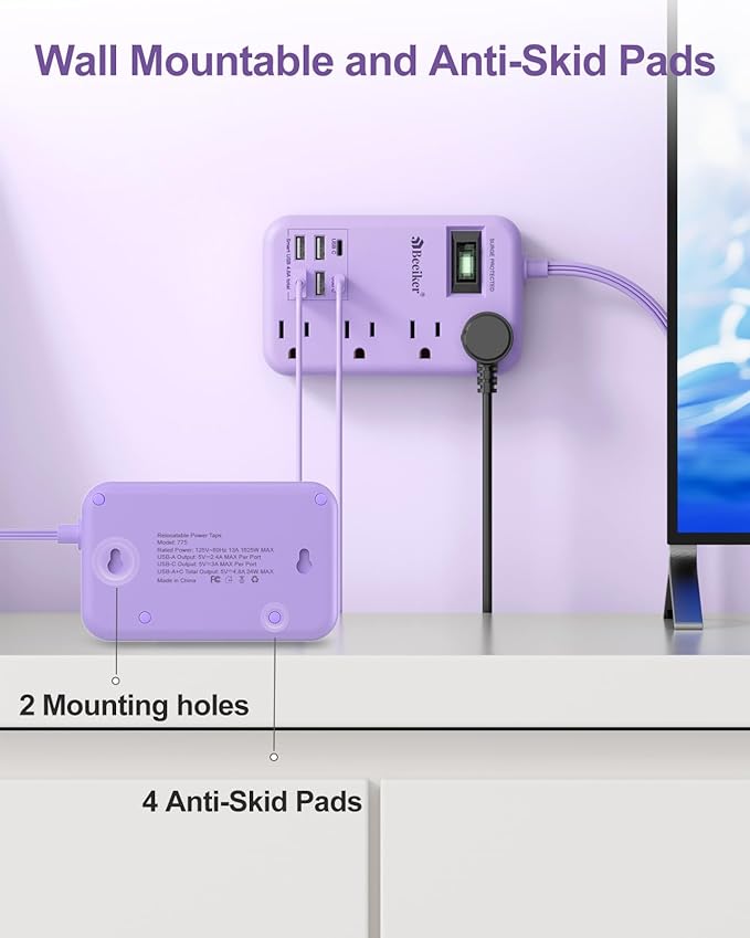 6 USB(2 USB C) Purple Surge Protector Power Strip- 10 Ft Purple Extension Cord with 24W USB Charging Station and 4 Outlets, Pink Desk Accessories for Cute Kawaii Lavender Travel Dorm Room