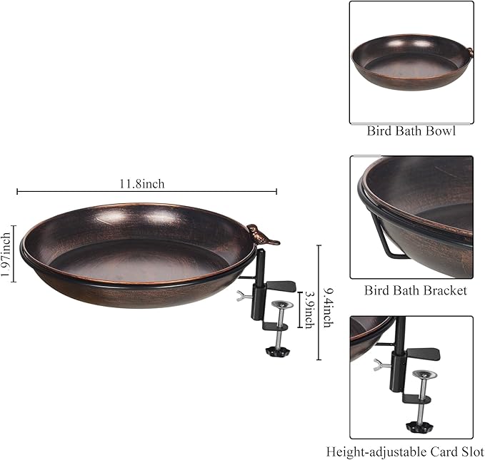 DREAMSOUL Deck Mounted Bird Bath Metal Birdbath Bowl Unheated with Lightweight Detachable, Bird Baths with Adjustable Sturdy Steel Clamp for Deck Railing Balcony Yard Garden Decoration