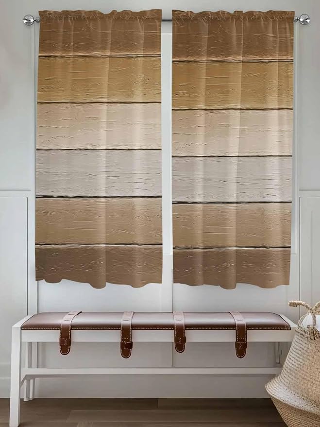 Vintage Brown Gradient Wood Grain Window Valance Curtains, Farmhouse Wood Barn