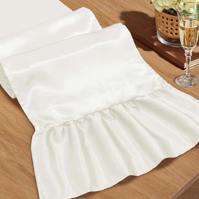 2 Pack White Satin Table Runner 12 x 72 Inch | Ruffle Design, Luxurious Dining
