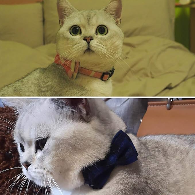Cat Collar Breakaway with Bell and Bow Tie, Plaid Design Adjustable Safety Kitty Kitten Collars Set of 2 PCS (6.8-10.8in) (Pink&Blue Plaid)