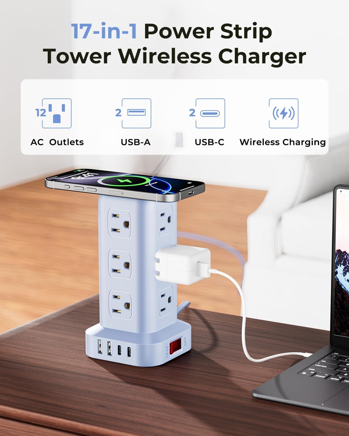 Blue Power Strip with 12 Outlets 4 USB (1 USB C), 6.5Feet Extension Cord with Multiple Outlets, Charging Station, Power Strip Tower, Home Office Desk Supplies
