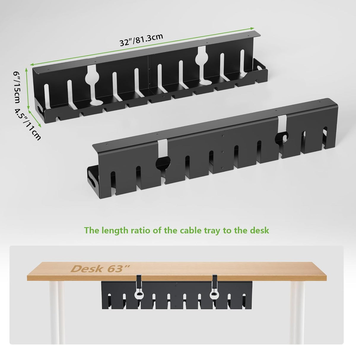 KEEGH Under Desk Cable Management Tray 32 in, Metal Cable Holder, Black