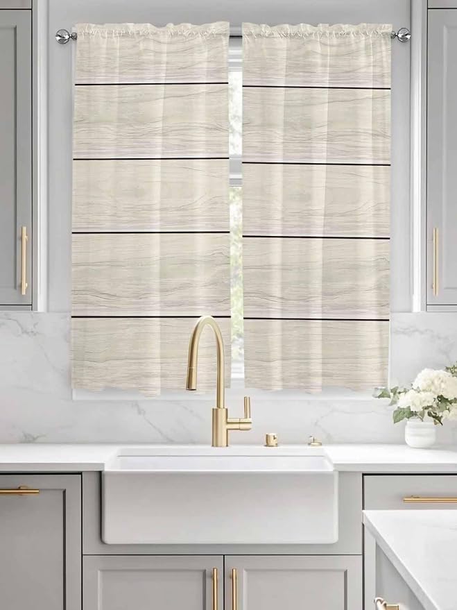 Vintage Country Wooden Board Window Valance Curtains, Gradient Wood Grain Line