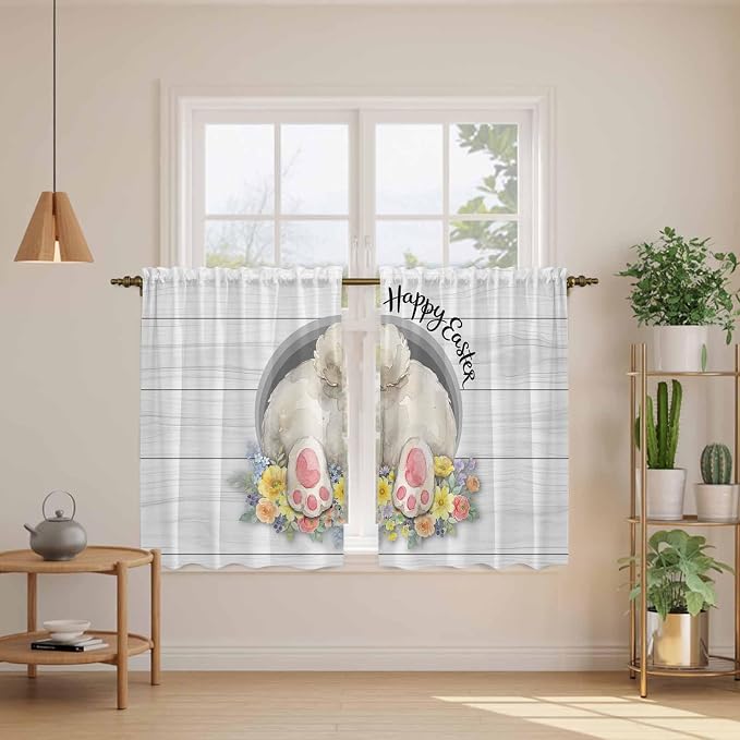 Easter Bunny Kitchen Tier Curtains 45 Inch Long 2 Panel Set, Rod Pocket Short