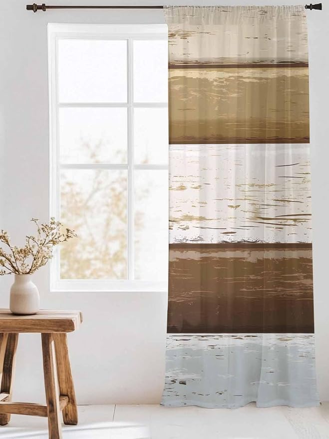 Sheer Curtains 84 Inches Long, Wood Grain Brown Semi Sheer Curtains Light