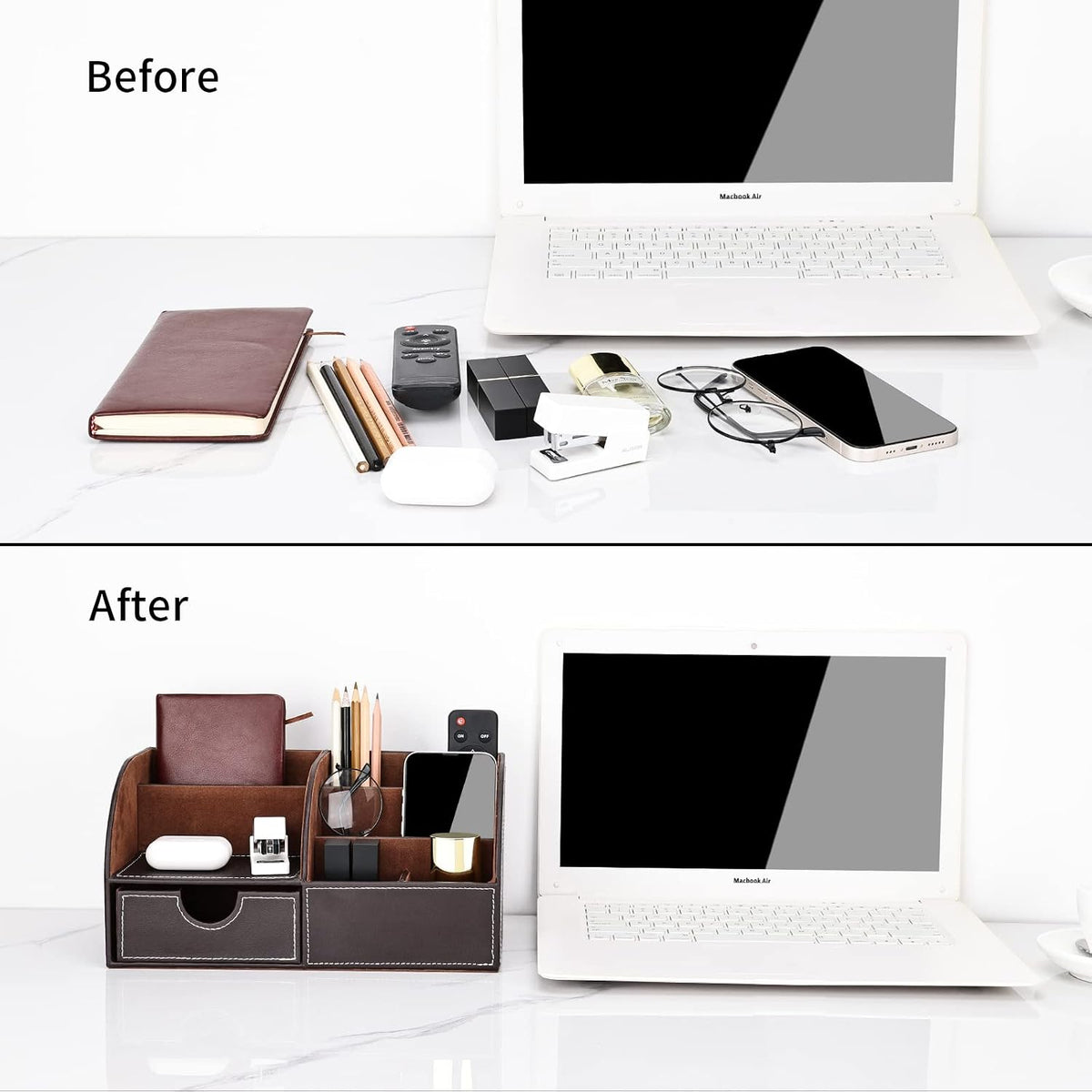 KINGFOM Pu Leather Desk Organizer Pen Pencil Holder Office Supplies Caddy Storage Box 6 Compartments with Drawer Brown