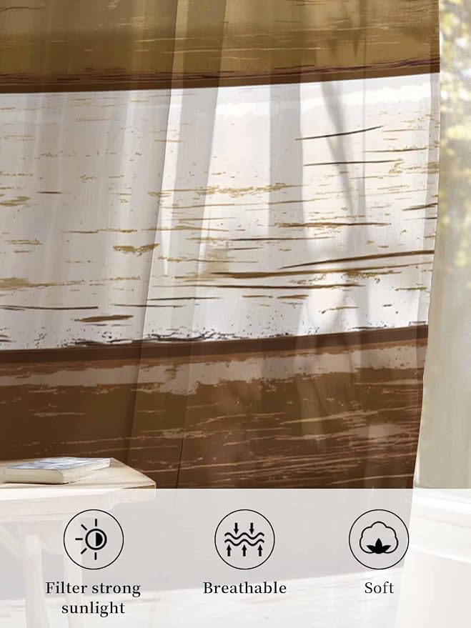 Sheer Curtains 45 Inch Length, Wood Grain Brown Semi Sheer Curtains Light
