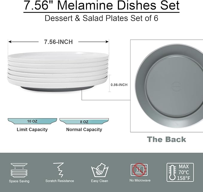 Webbylee Melamine Dessert Plates Set of 6-7.5" Serving Durable Dishes Perfect